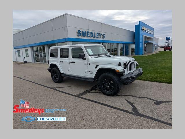 2022 Jeep Wrangler Unlimited Sahara in White — front three-quarter view
